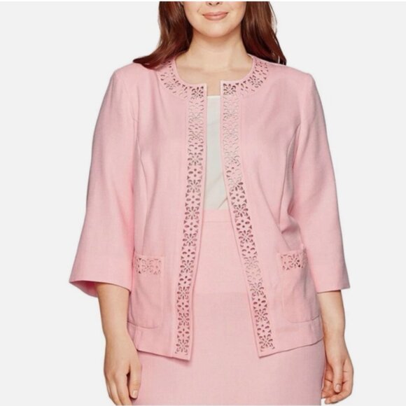 Alfred Dunner Jackets & Blazers - Alfred Dunner 16 Pink Laser Cut Open Front Jacket Blazer Rhinestone Trim NWT